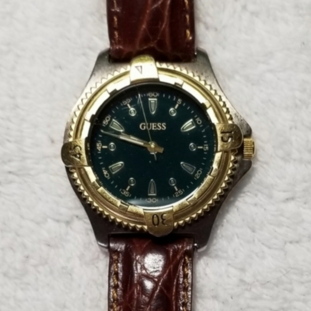 Vintage 1996 Guess Green/Gold tone Quartz Watch with Original Leather Band